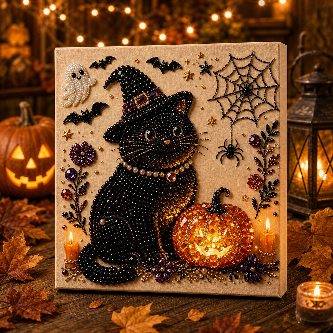 3D Halloween-Themed DIY Diamond Painting – Witch and Black Cat