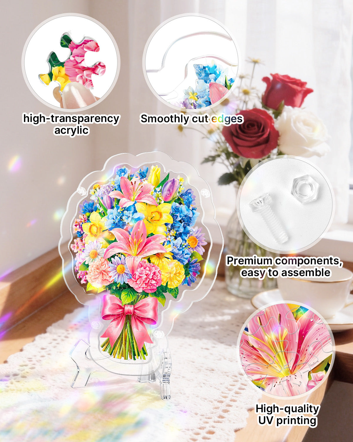 Acrylic Tabletop Suncatcher - Pink Lily & Daffodil Bouquet