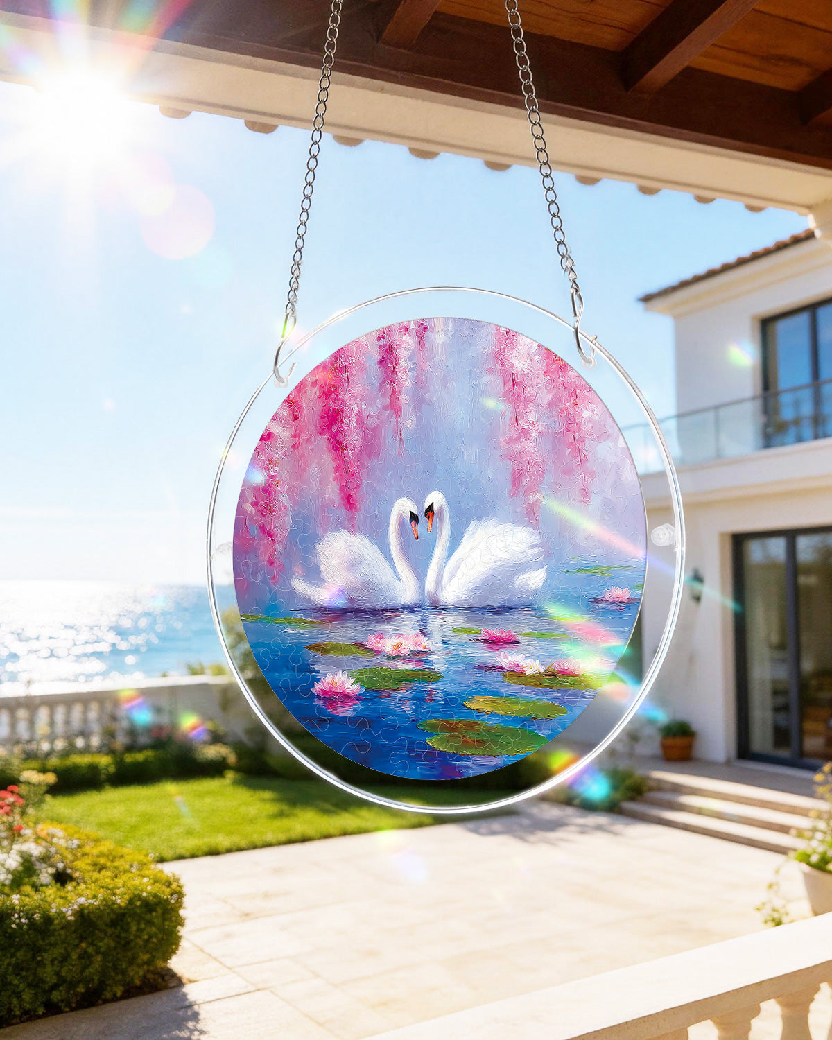 Swans in Blossom Lake Light Suncatcher-Acrylic Window Art