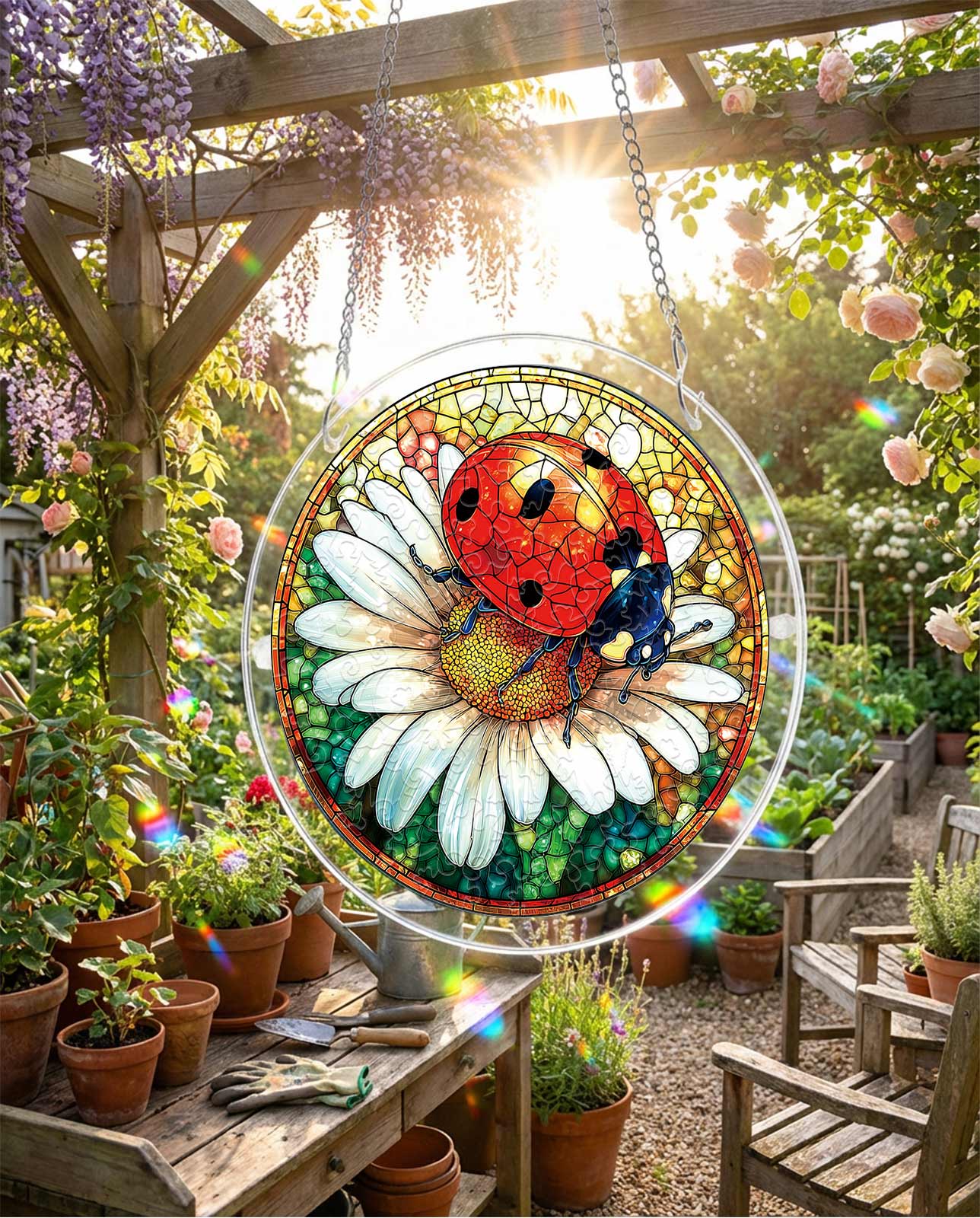 Acrylic Jigsaw Puzzle Suncatcher - Ladybug on Daisy