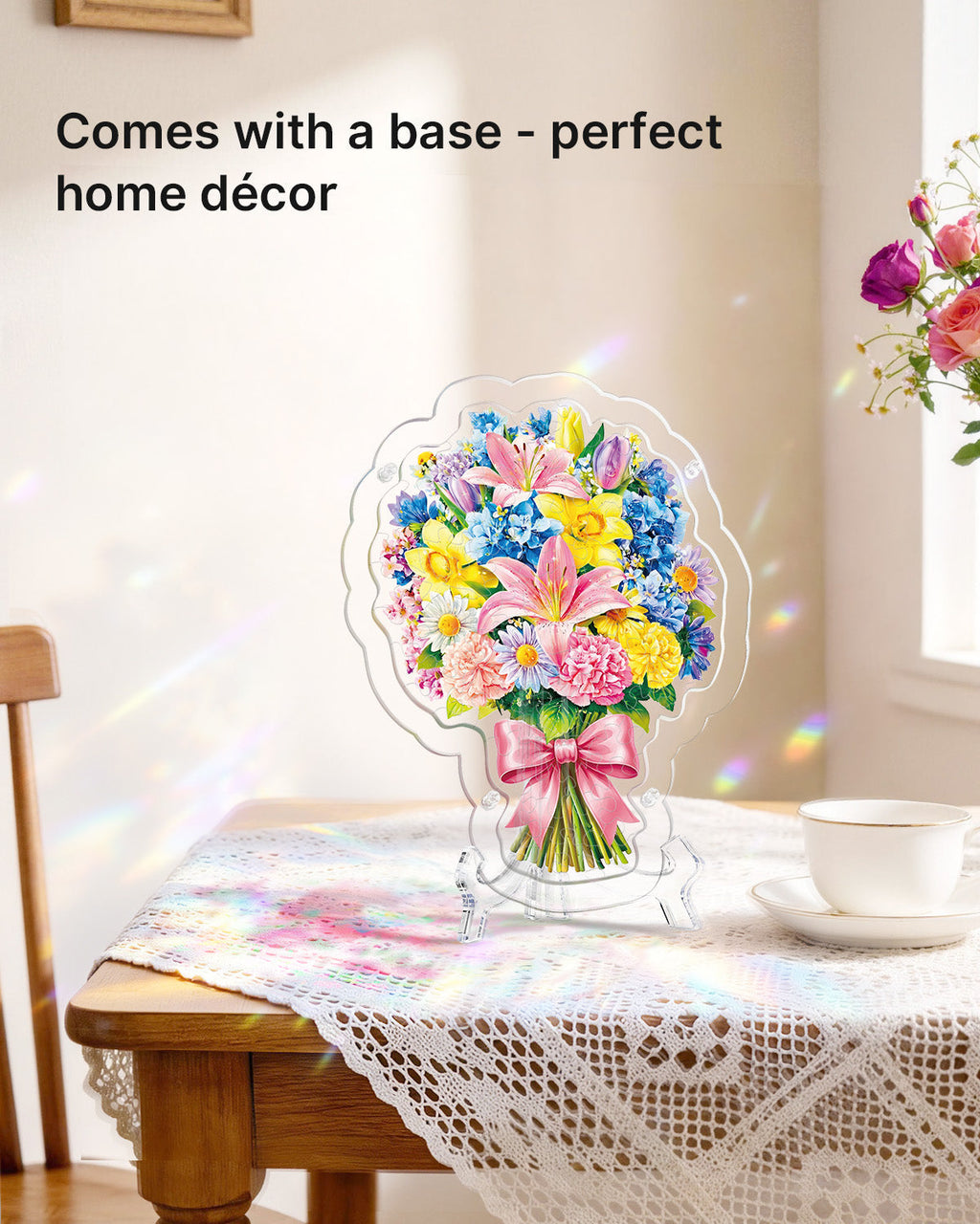 Acrylic Tabletop Suncatcher - Pink Lily & Daffodil Bouquet