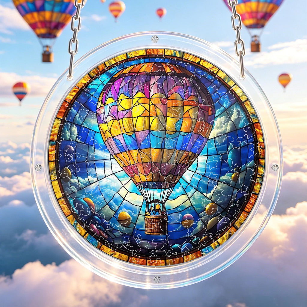 Acrylic Puzzle Suncatcher Hanging Ornament — Hot Air Balloon in the Clouds