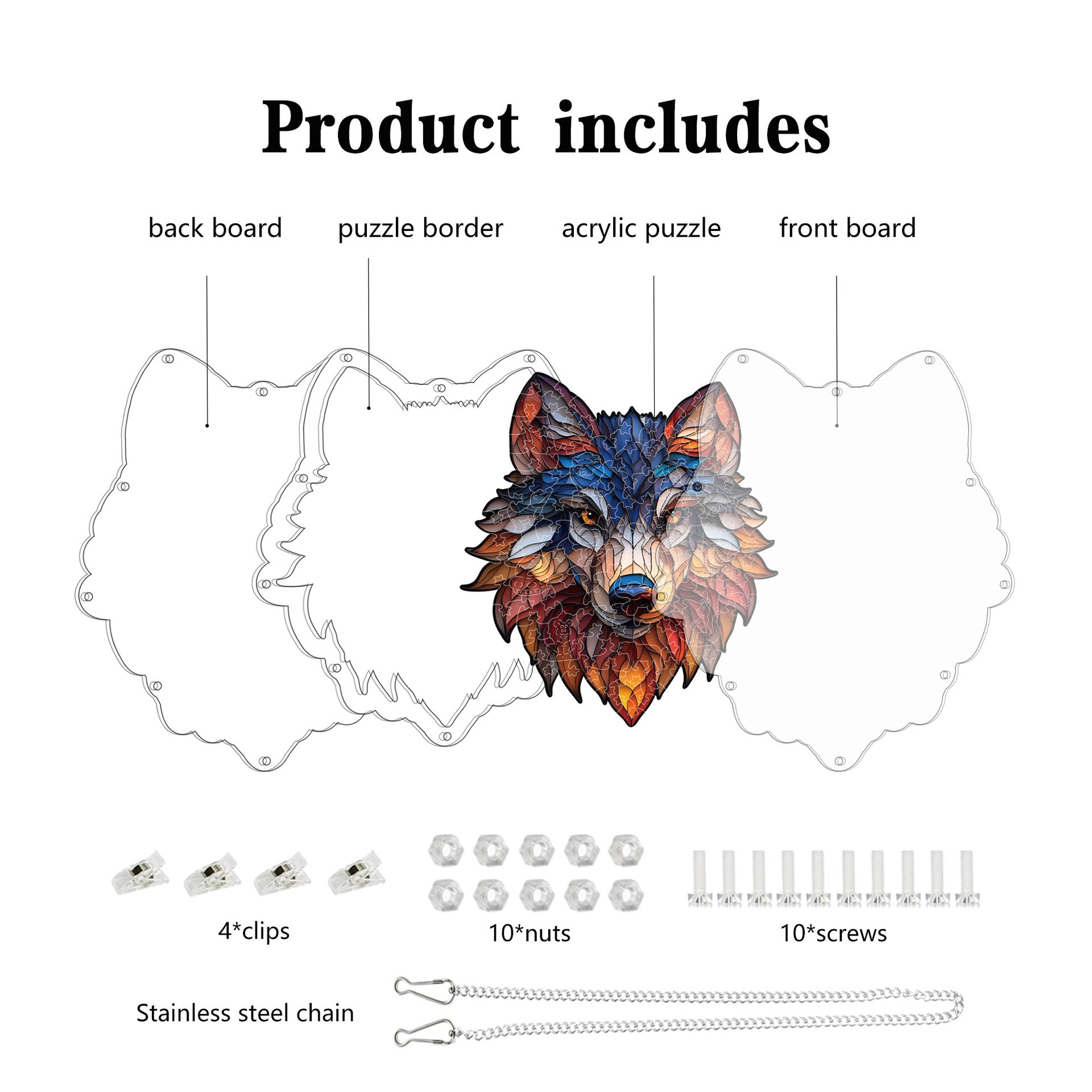 Acrylic Puzzle Light-Catching Hanging Ornament — Grey Wolf