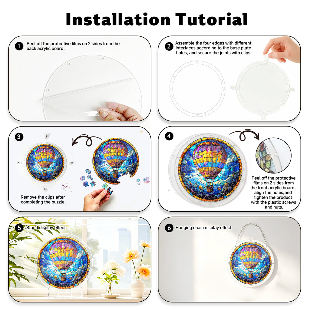 Acrylic Puzzle Suncatcher Hanging Ornament — Hot Air Balloon in the Clouds