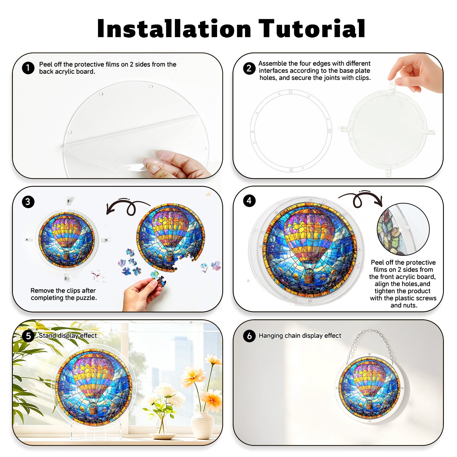 Acrylic Puzzle Suncatcher Hanging Ornament — Hot Air Balloon in the Clouds