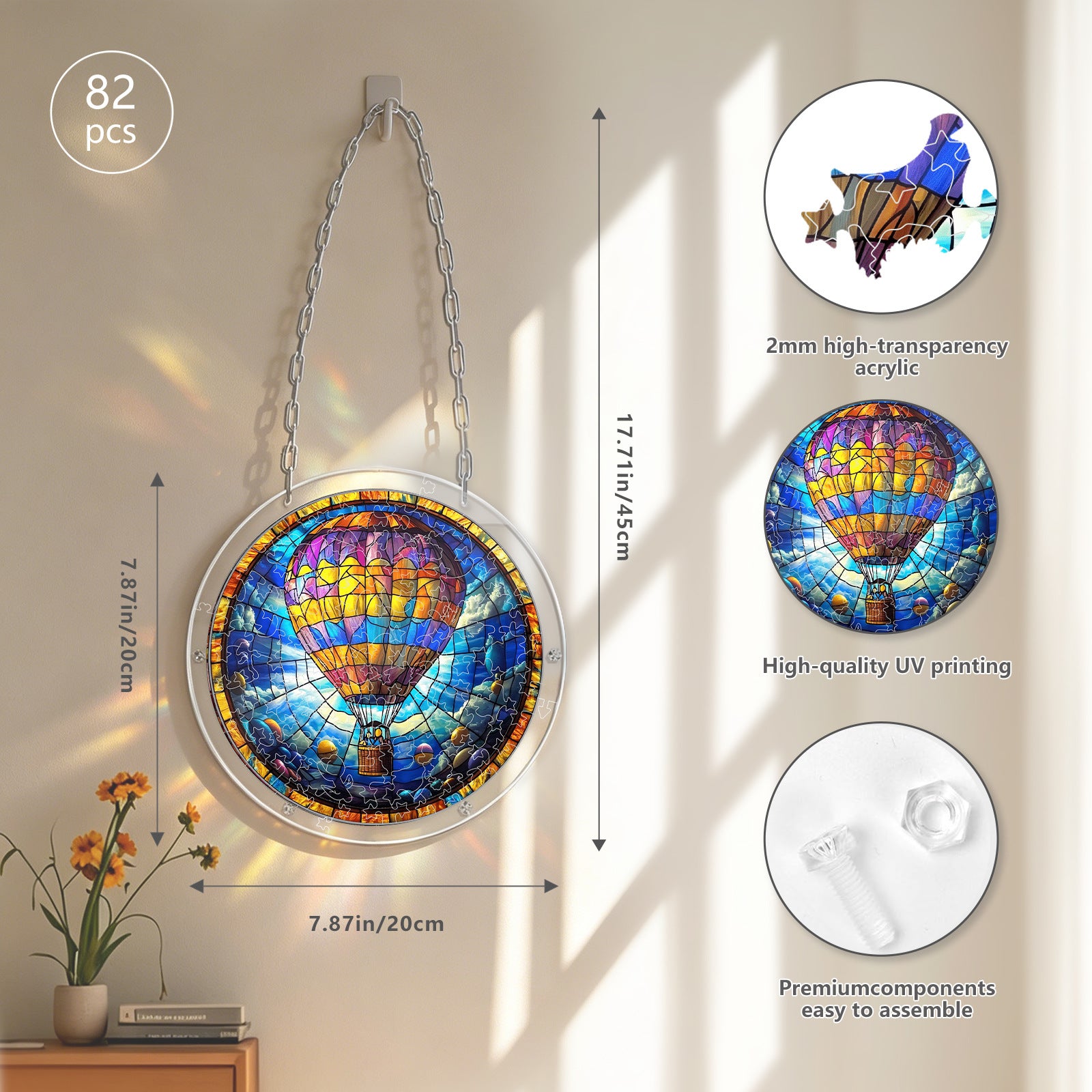 Acrylic Puzzle Suncatcher Hanging Ornament — Hot Air Balloon in the Clouds