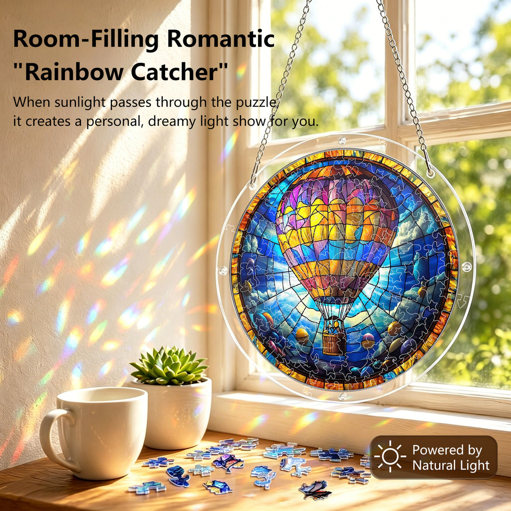 Acrylic Puzzle Suncatcher Hanging Ornament — Hot Air Balloon in the Clouds