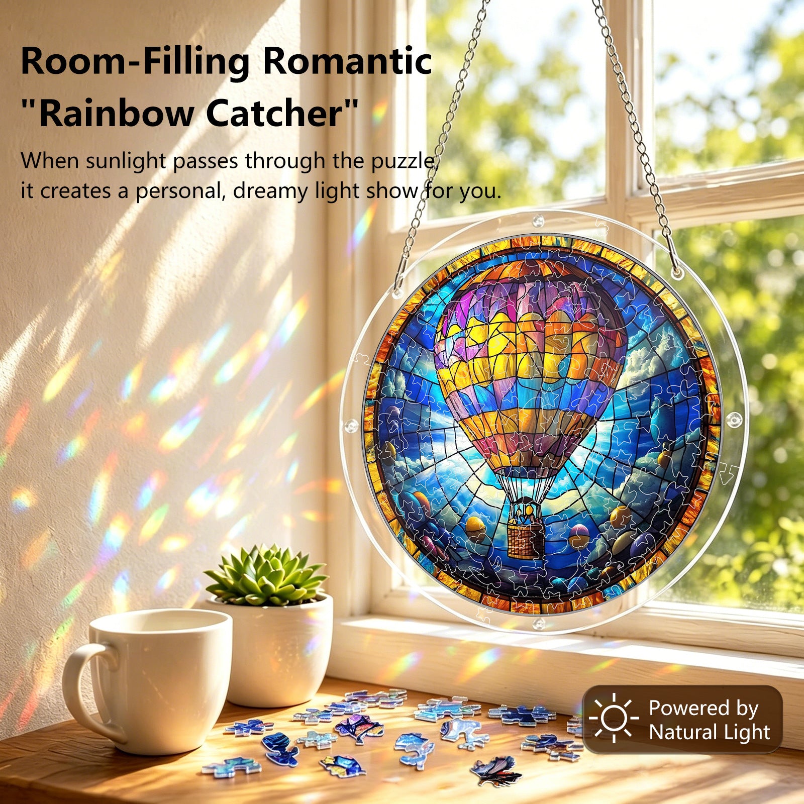 Acrylic Puzzle Suncatcher Hanging Ornament — Hot Air Balloon in the Clouds
