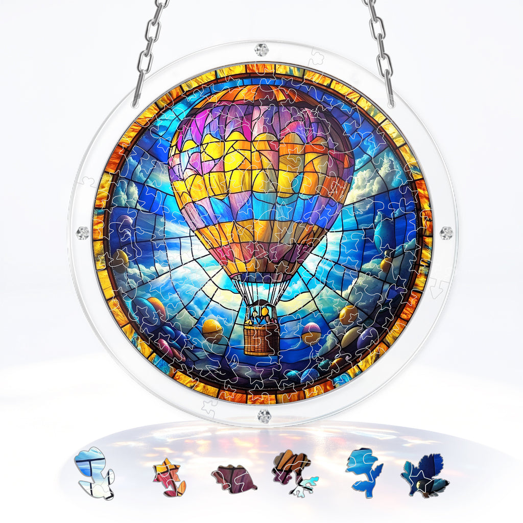 Acrylic Puzzle Suncatcher Hanging Ornament — Hot Air Balloon in the Clouds